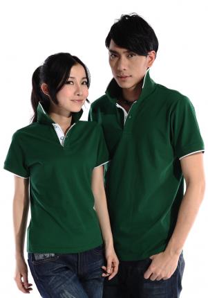 墨綠色珠地純棉，領袖白色間條撞色款式定制 1