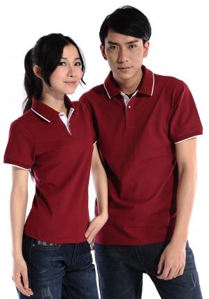棗紅色珠地純棉POLO衫，領(lǐng)袖白色間條撞色，男女時(shí)尚款式 1