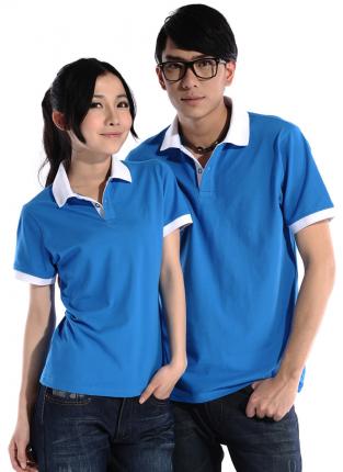 天藍色珠地棉T恤衫，領袖黃色間條撞色，男女款式訂做